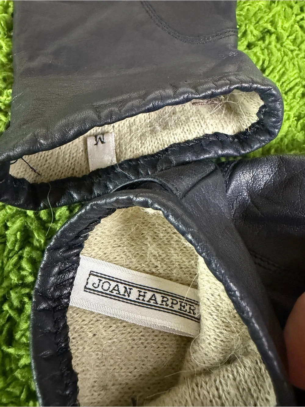 Vintage Women's Joan Harper Black Leather Dress Gloves with Snap Cuff & wool